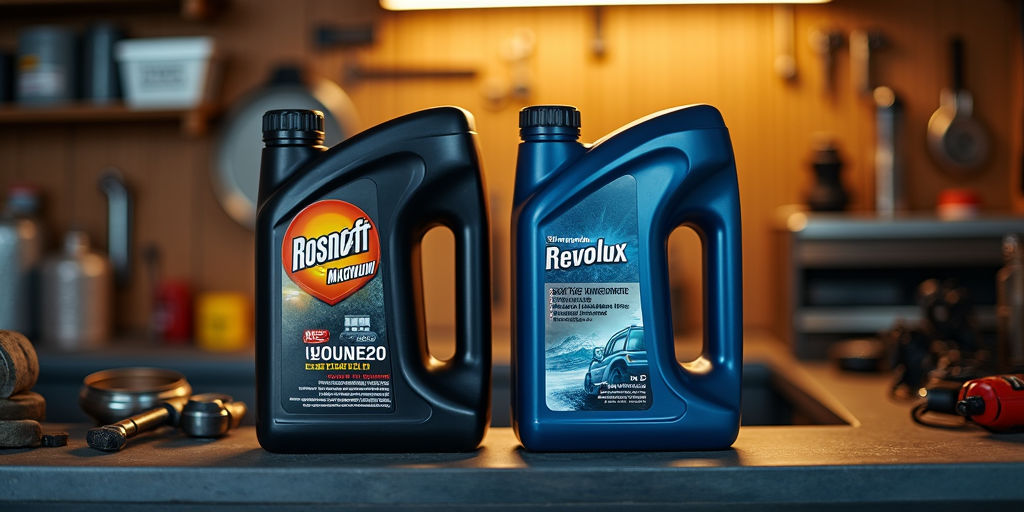 Линейки моторных масел Роснефть Magnum и Revolux на полке магазина